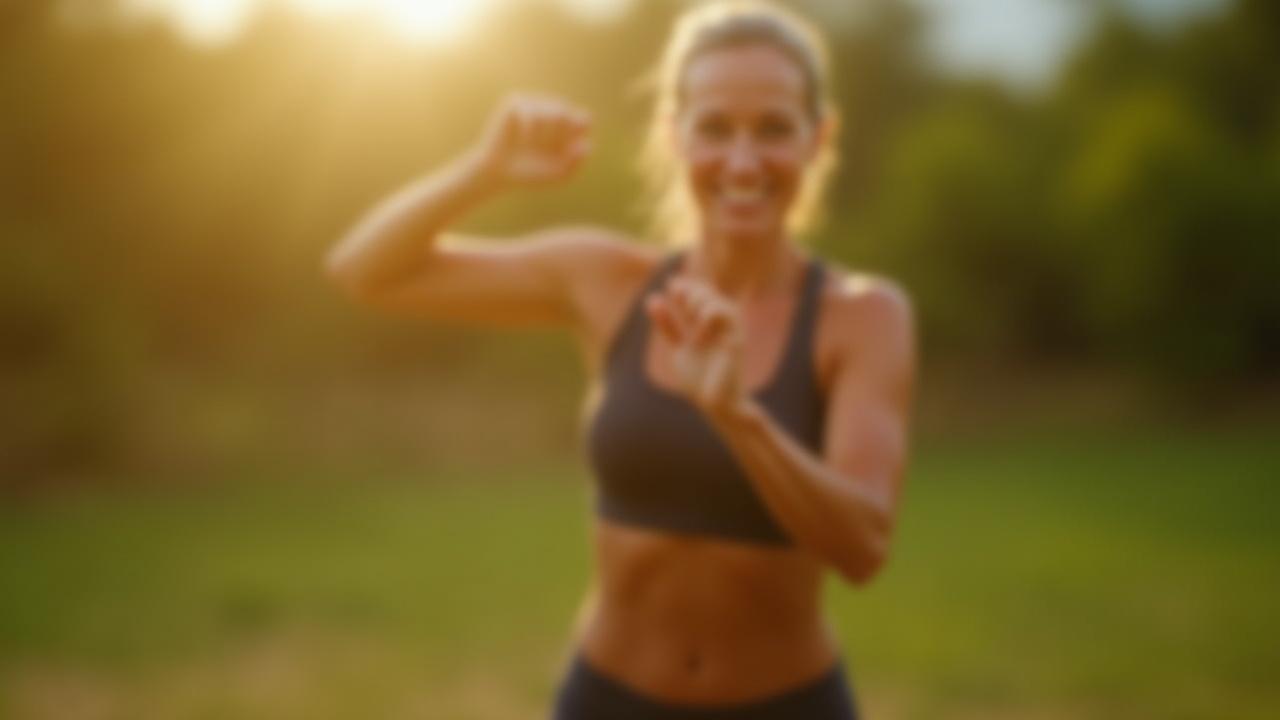 Vibrant, healthy-looking adult in their 40s-50s performing a functional movement outdoors, exuding joy and strength.