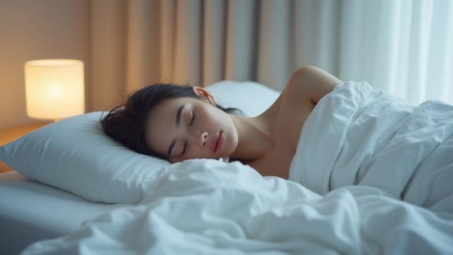 A calm bedroom scene with soft lighting and a person sleeping peacefully under comfortable blankets, symbolizing good sleep.