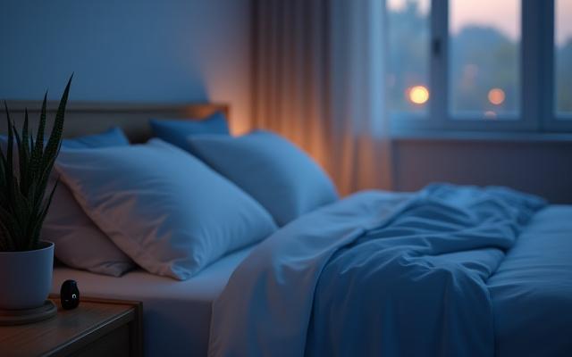A serene bedroom scene with soft lighting and a wearable sleep tracker on a nightstand.
