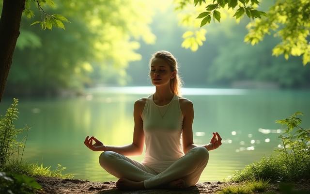 A person calmly meditating in a peaceful, natural environment, surrounded by soft light.