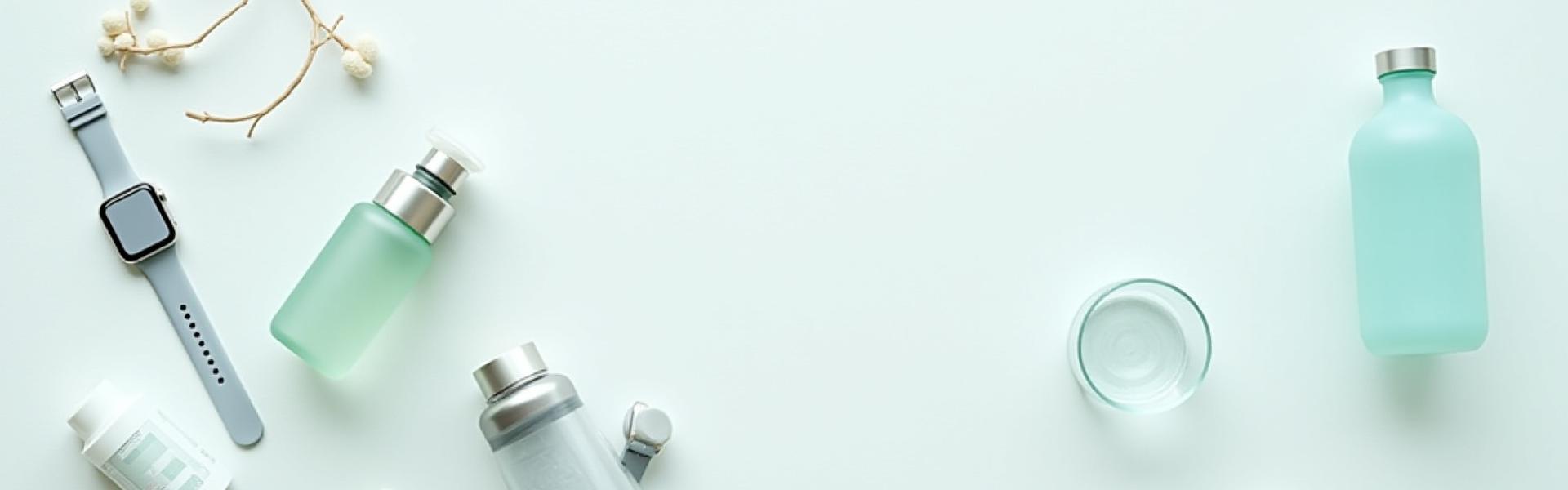 A flat-lay of beautifully designed wellness products including a smart watch, a sleek water bottle, and premium supplement packaging, symbolizing curated well-being.