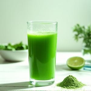 AG1 by Athletic Greens powder mixed in a glass next to a scoop.